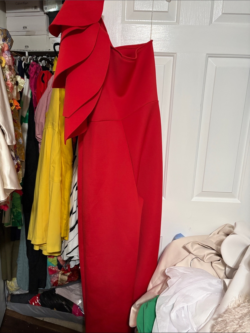 Red One-Shoulder Ruffle Jumpsuit made of scuba material